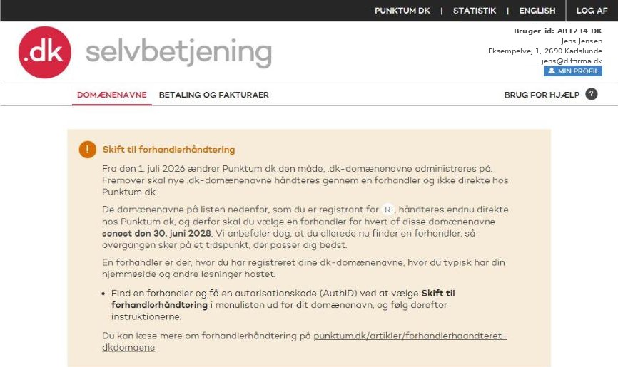 Punktum dk selvbetjening med besked om at skifte til forhandlerhåndtering