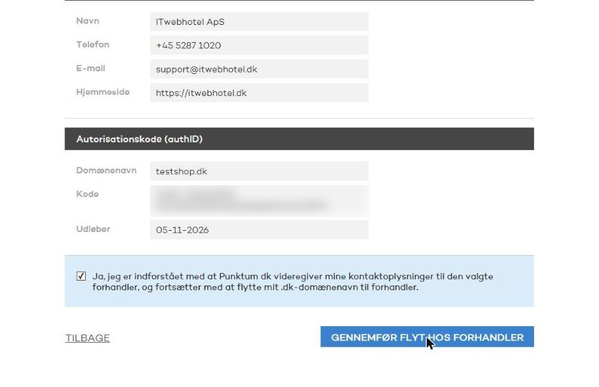 Sæt flueben og tryk Gennemfør flyt hos forhandler