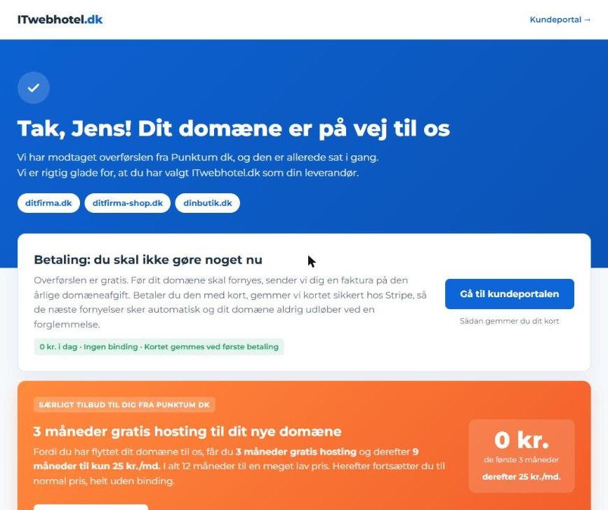 Velkomstsiden hos ITWebhotel.dk efter flytning